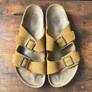 Birkenstock Tan Sandals with Cork Sole and Silver Buckles